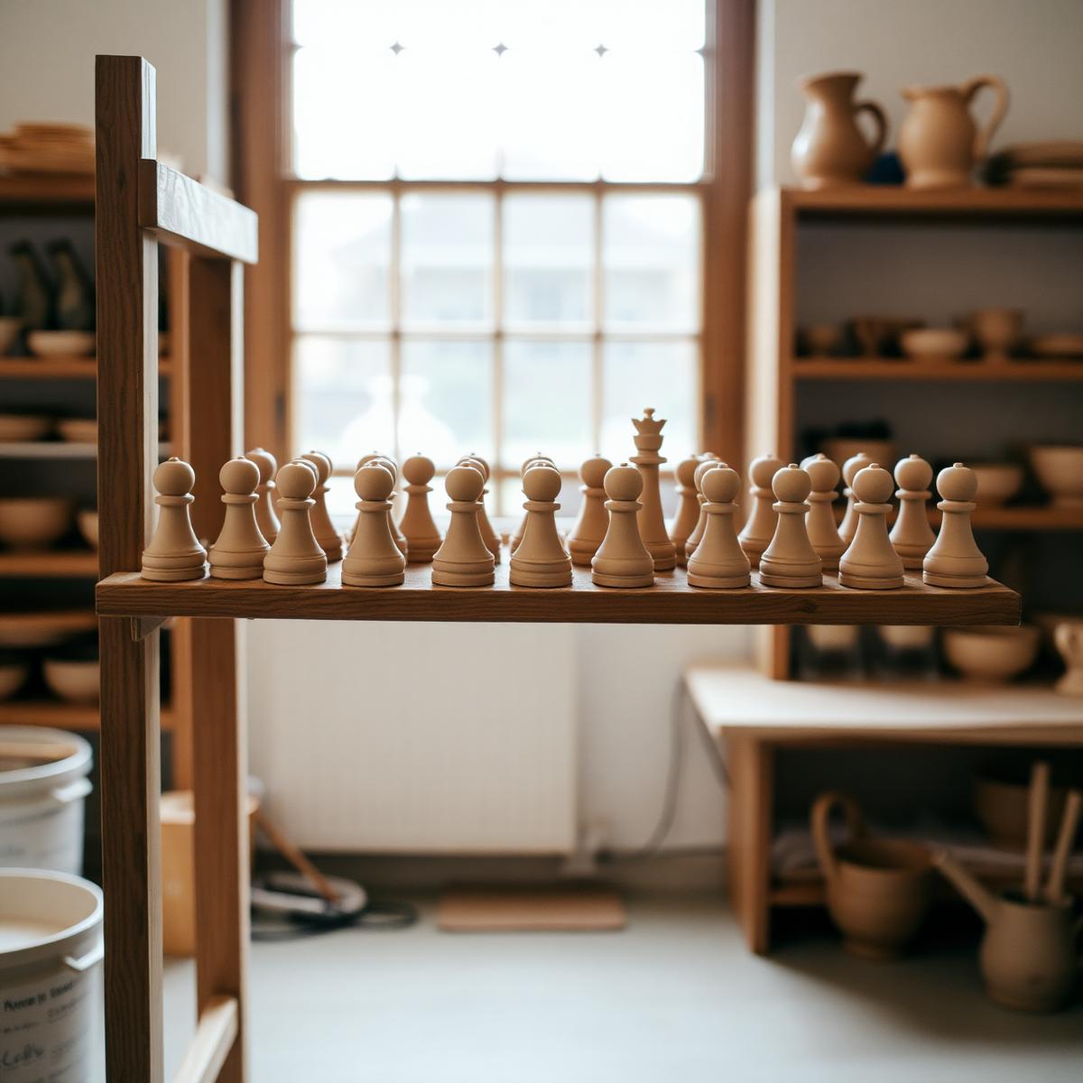Clay chess pieces air-curing on open studio shelves